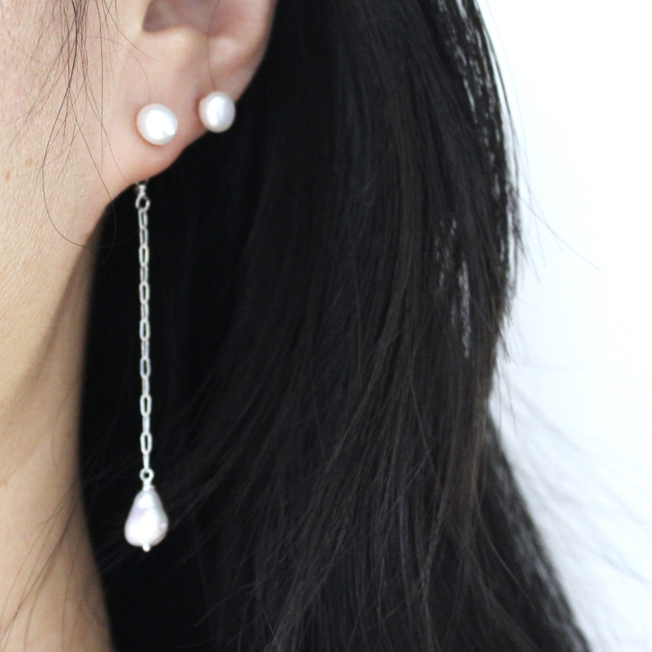 Natural Tiny Baroque Pearl Front Back Sterling Silver Long Chain Pearl Stud Dangle Earrings
