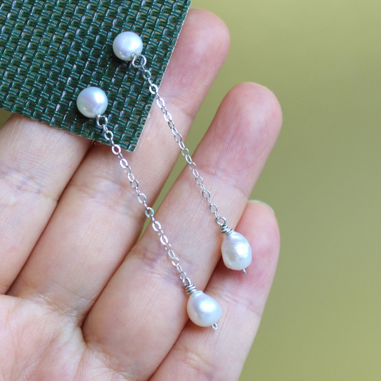 Natural Tiny Baroque Freshwater Pearl Sterling Silver Long Chain Pearl Stud Dangle Earrings