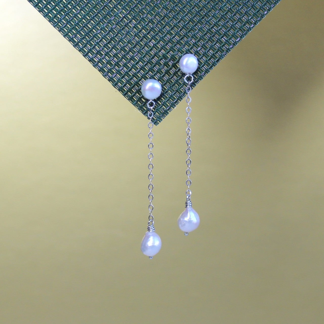 Natural Tiny Baroque Freshwater Pearl Sterling Silver Long Chain Pearl Stud Dangle Earrings