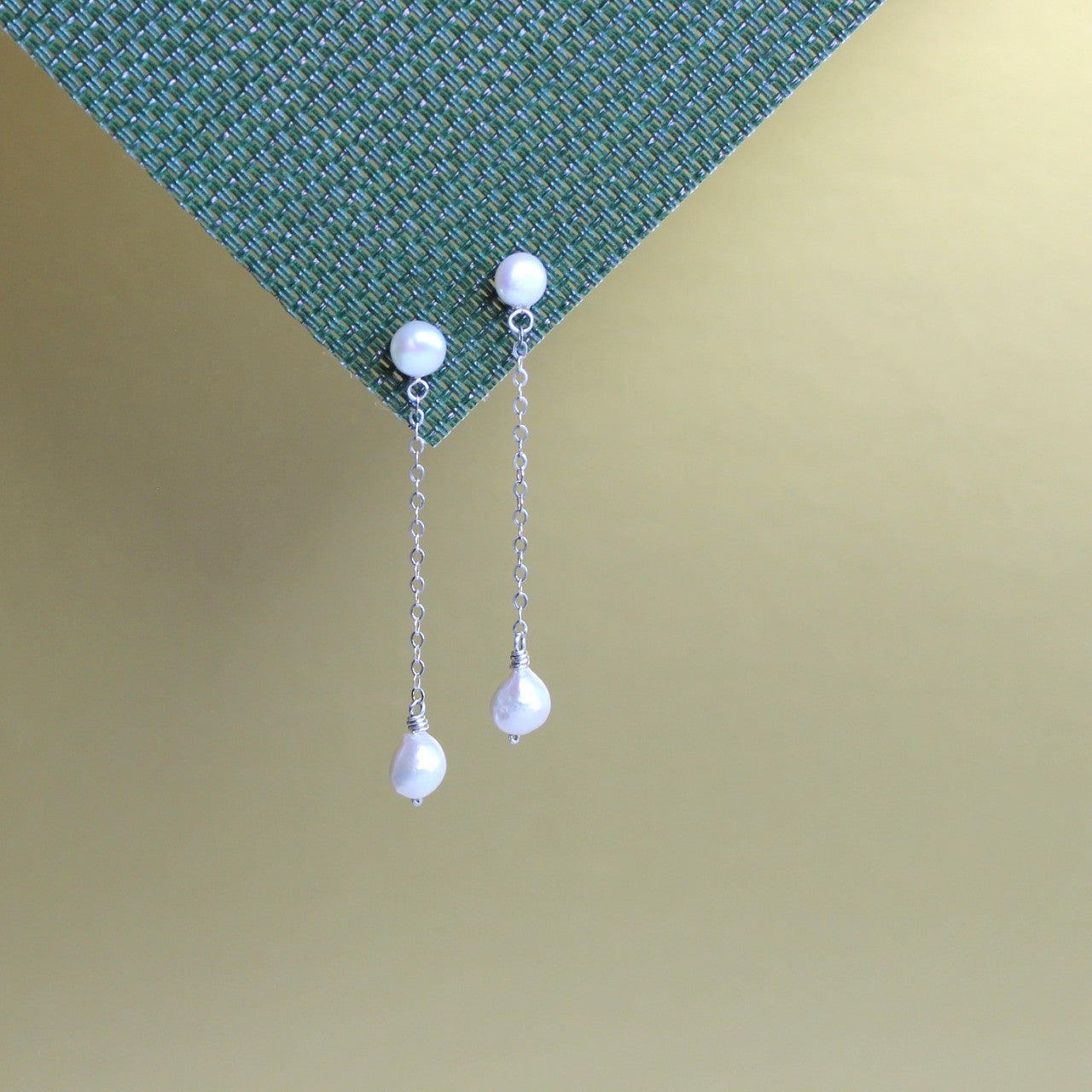 Natural Tiny Baroque Freshwater Pearl Sterling Silver Long Chain Pearl Stud Dangle Earrings