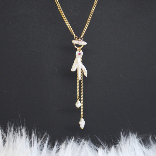Baroque freshwater Chicken Foot Pearl Pendant Toggle pearl bar Y Lariat Necklace
