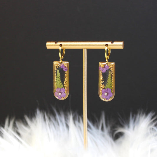 Gold Rectangular Real Dried Pressed Plum Flower and Fern leaf Resin Dangle Earrings
