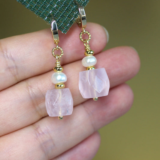 Natural Faceted Rose Quartz with Freshwater Pearl CZ Stud Dangle Earrings/925 Sterling Silver Needle