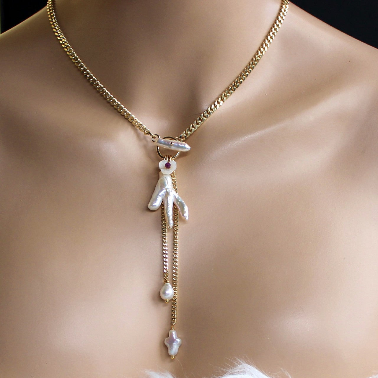 Baroque freshwater Chicken Foot Pearl Pendant Toggle pearl bar Y Lariat Necklace