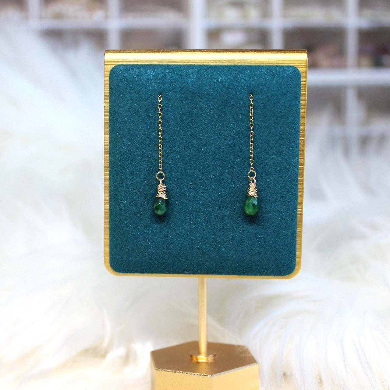 Genuine Corundum Faceted Teardrop Emerald Delicate Threader 925 Sterling Silver Dangle Earrings
