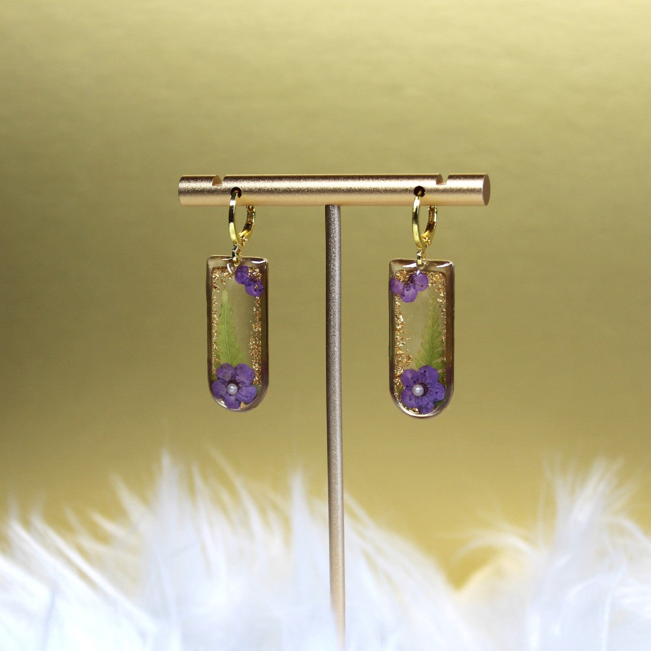 Gold Rectangular Real Dried Pressed Plum Flower and Fern leaf Resin Dangle Earrings