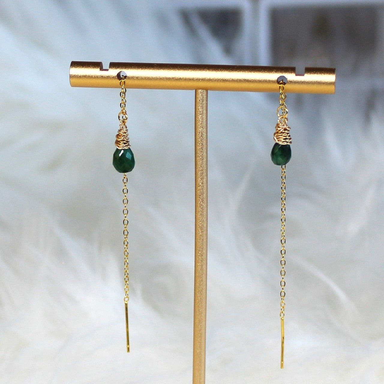 Genuine Corundum Faceted Teardrop Emerald Delicate Threader 925 Sterling Silver Dangle Earrings