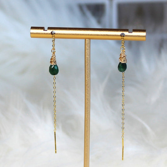 Genuine Corundum Faceted Teardrop Emerald Delicate Threader 925 Sterling Silver Dangle Earrings