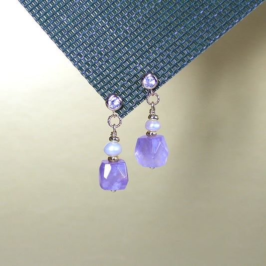 Natural Faceted Amethyst with Freshwater Pearl CZ Stud Dangle Earrings/925 Sterling Silver Needle