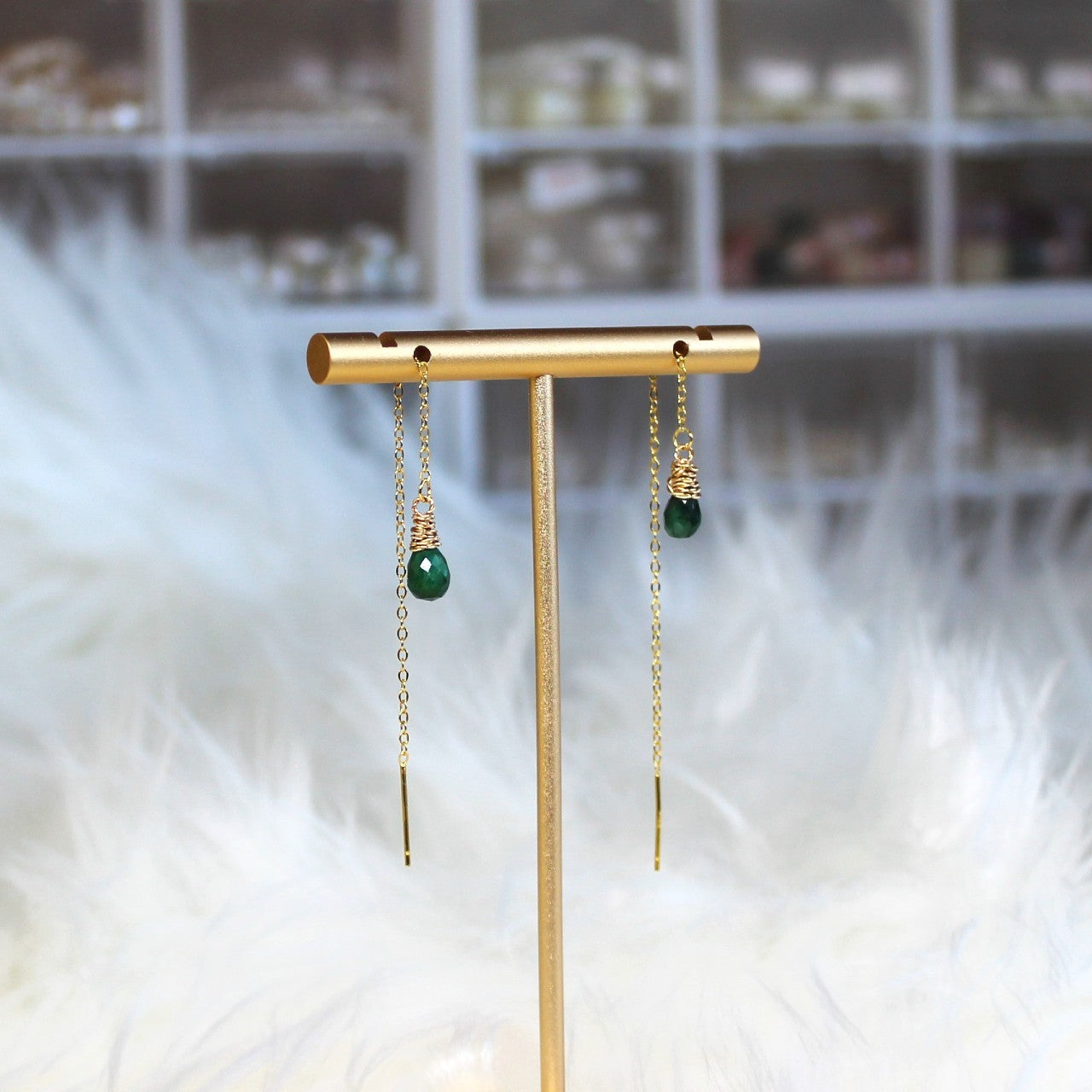 Genuine Corundum Faceted Teardrop Emerald Delicate Threader 925 Sterling Silver Dangle Earrings