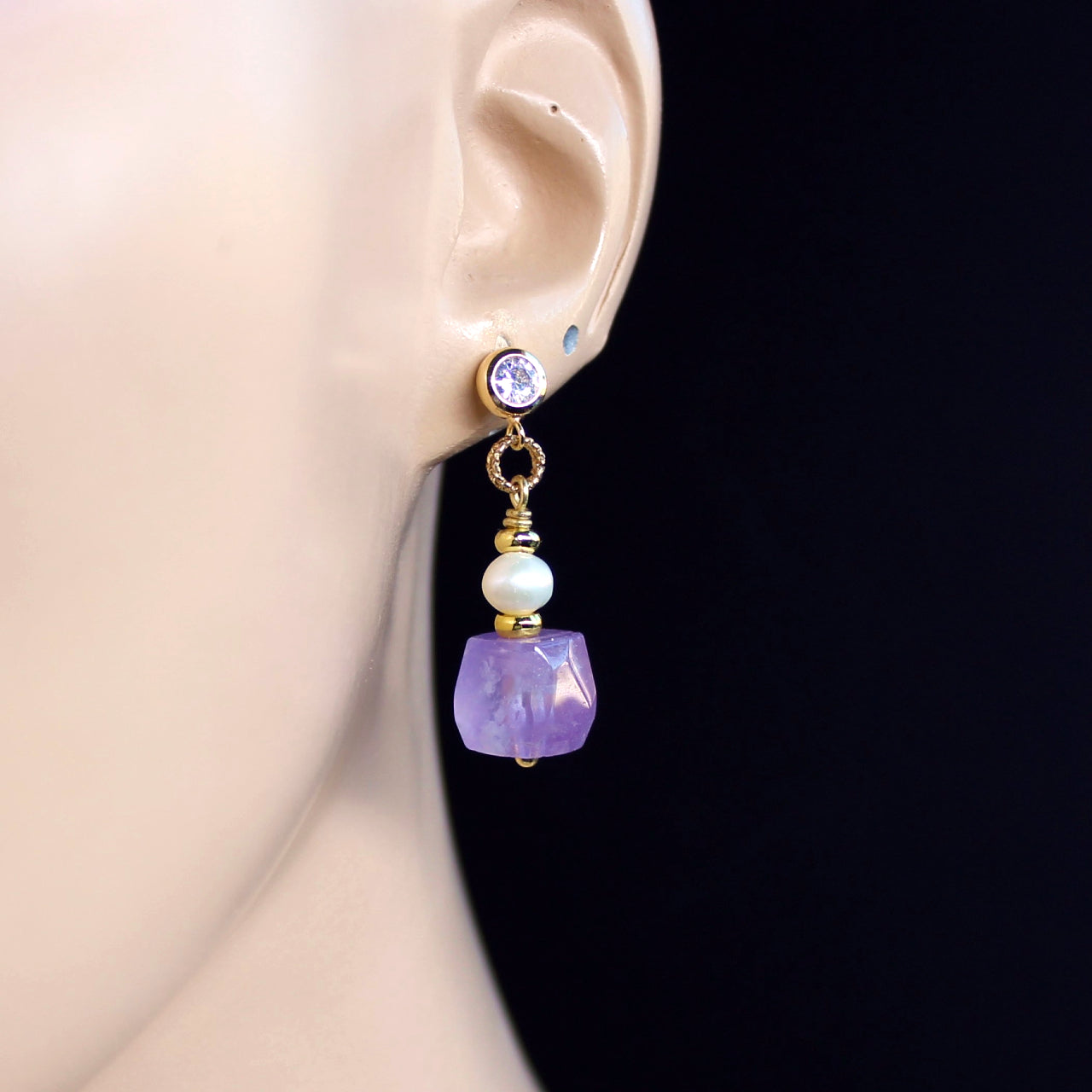 Natural Faceted Amethyst with Freshwater Pearl CZ Stud Dangle Earrings/925 Sterling Silver Needle