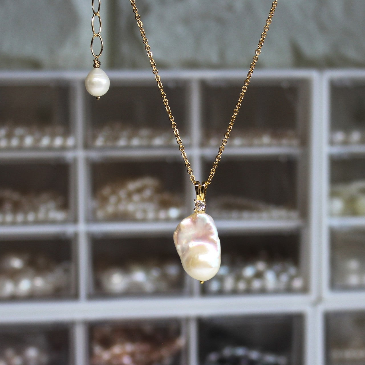 High Luster White Flameball Baroque Pearl Pendant 14K Gold Filled Necklace