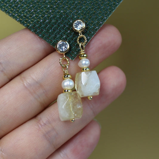 Natural Faceted Citrine with Freshwater Pearl CZ Stud Dangle Earrings/925 Sterling Silver Needle
