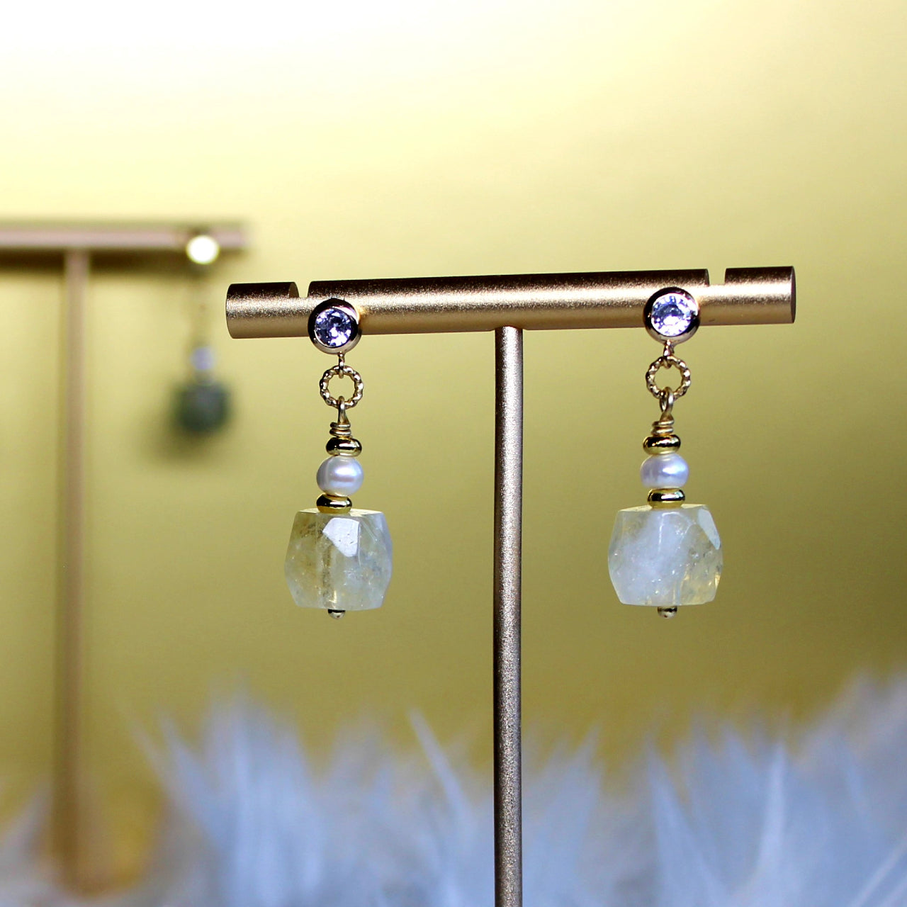 Natural Faceted Citrine with Freshwater Pearl CZ Stud Dangle Earrings/925 Sterling Silver Needle