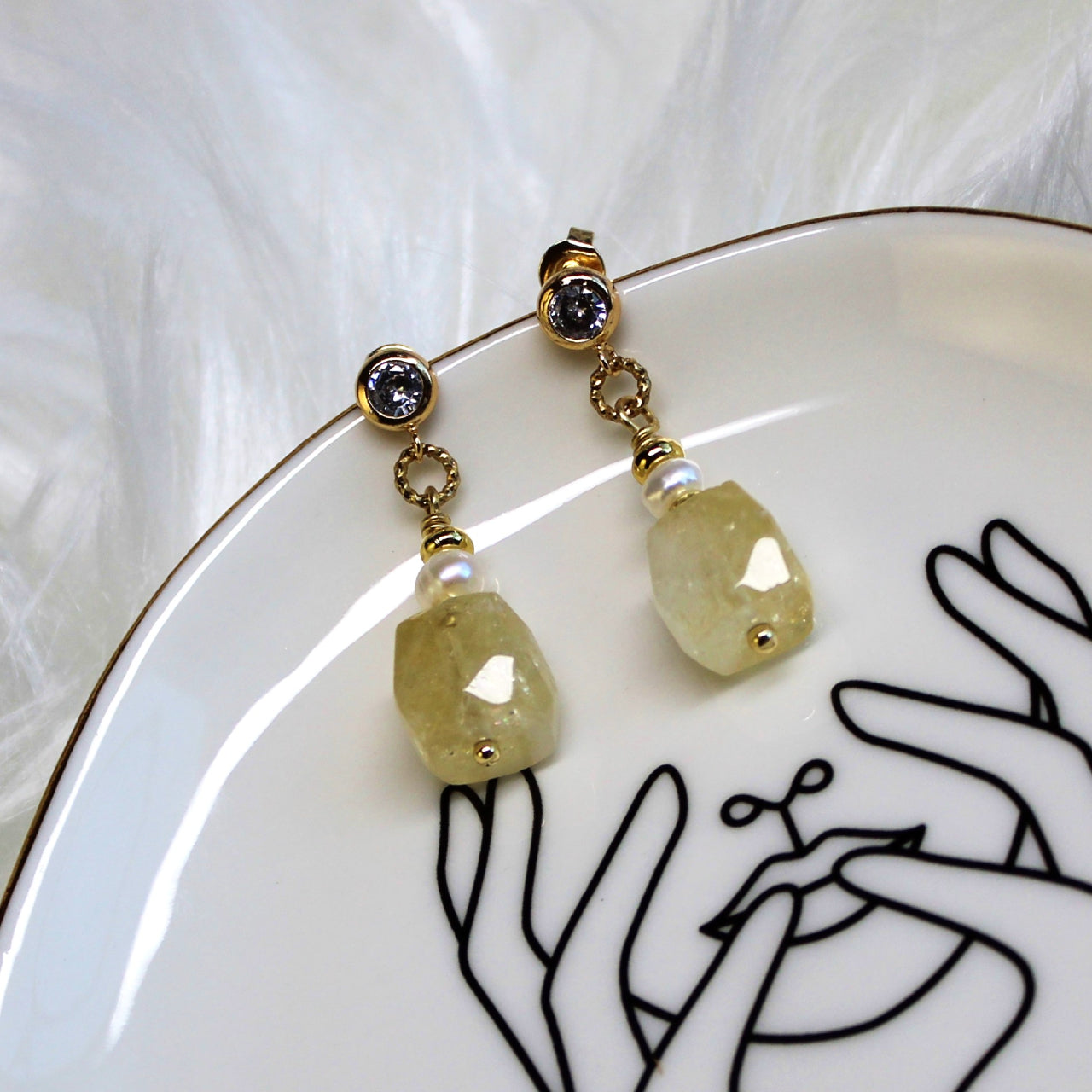 Natural Faceted Citrine with Freshwater Pearl CZ Stud Dangle Earrings/925 Sterling Silver Needle