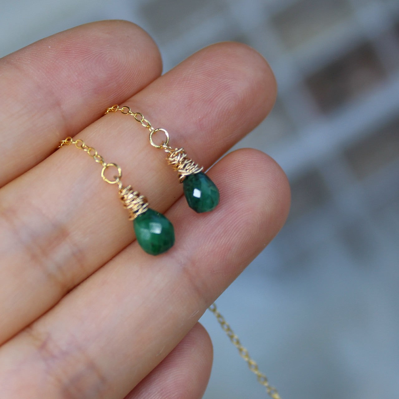 Genuine Corundum Faceted Teardrop Emerald Delicate Threader 925 Sterling Silver Dangle Earrings