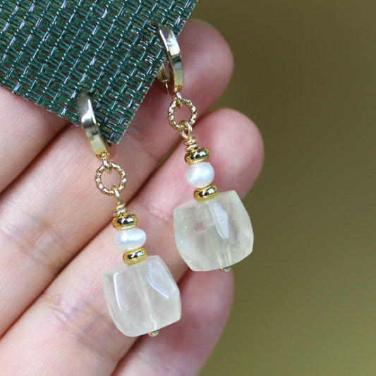Natural Faceted Lemon Quart with Freshwater Pearl CZ Stud Dangle Earrings/925 Sterling Silver Needle