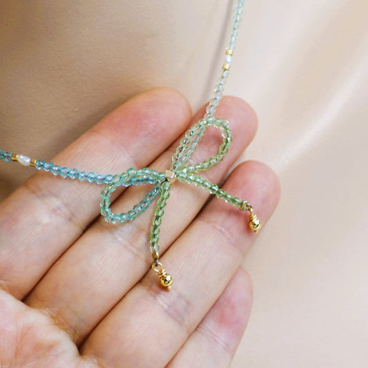 Green and Blue Ombre Crystal Bow Freshwater Pearl Beaded Choker Necklace