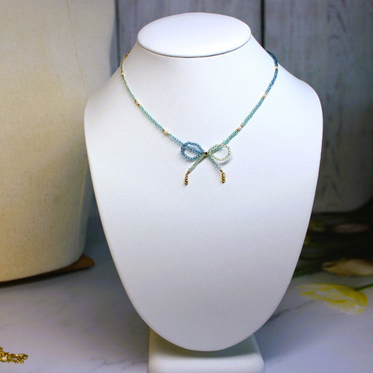 Blue Ombre Crystal Bow Freshwater Pearl Beaded Choker Necklace