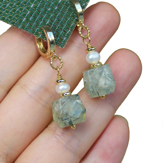 Natural Faceted Prehnite with Freshwater Pearl CZ Stud Dangle Earrings/925 Sterling Silver Needle