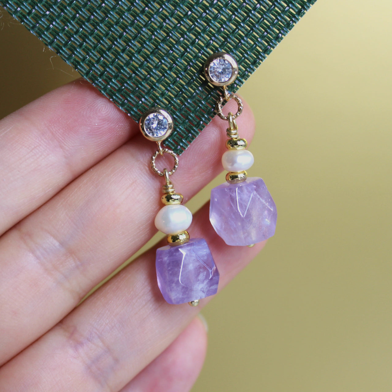 Natural Faceted Amethyst with Freshwater Pearl CZ Stud Dangle Earrings/925 Sterling Silver Needle