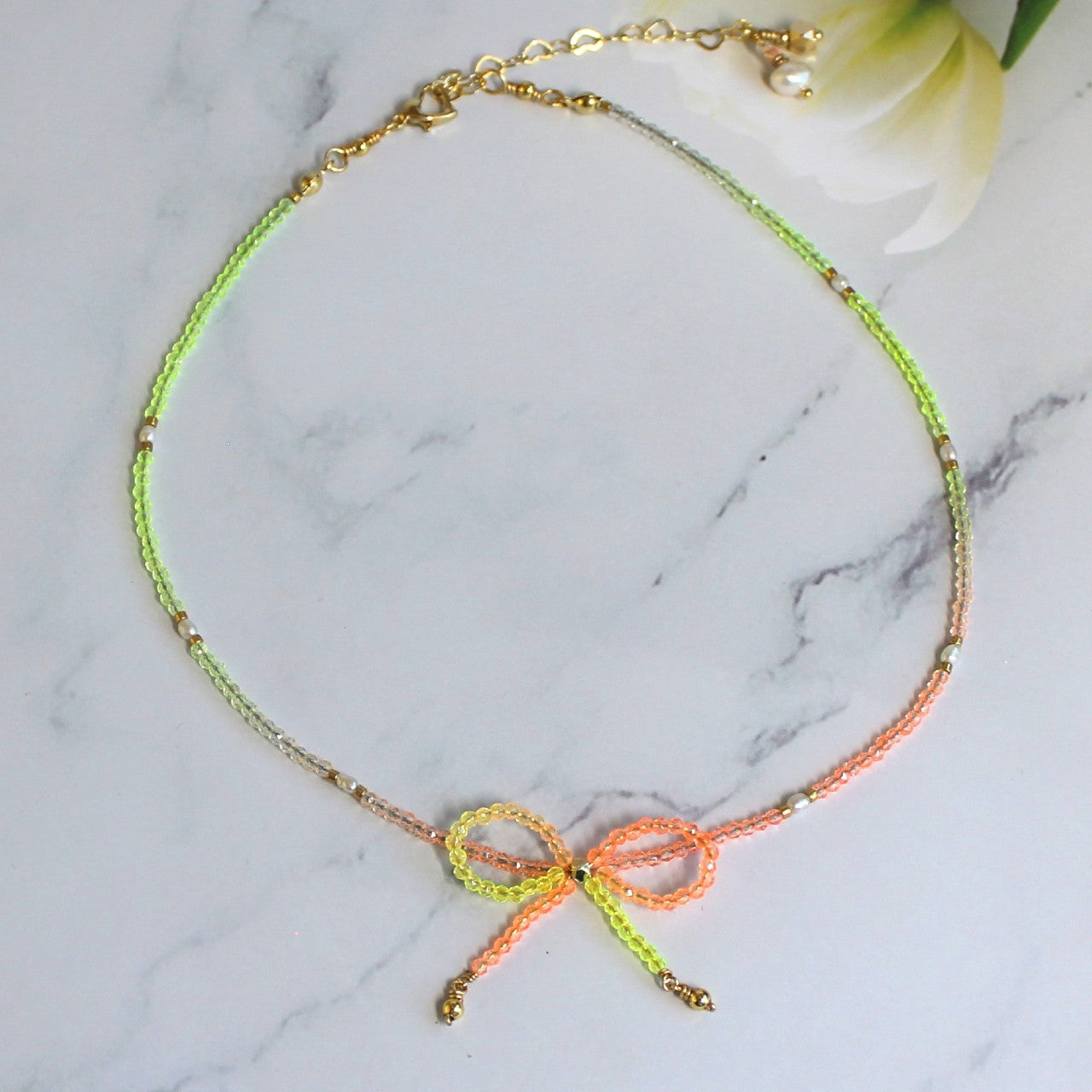 Neon Orange and Yellow Ombre Crystal Bow Freshwater Pearl Beaded Choker Necklace