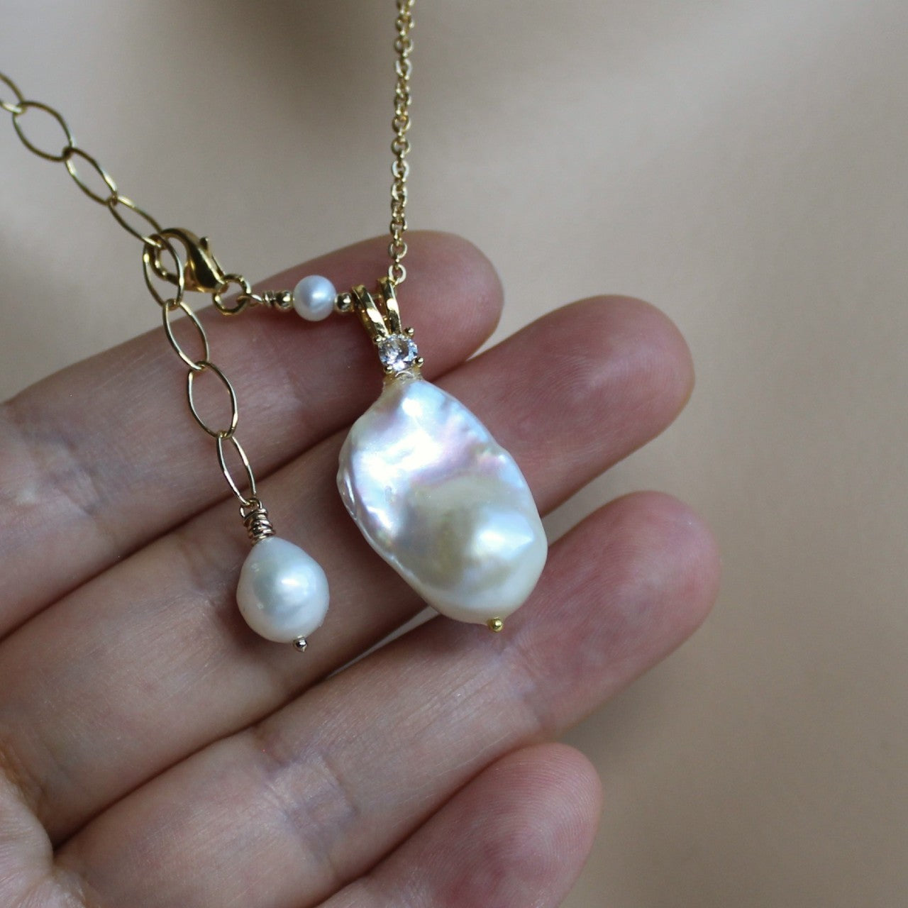 High Luster White Flameball Baroque Pearl Pendant 14K Gold Filled Necklace