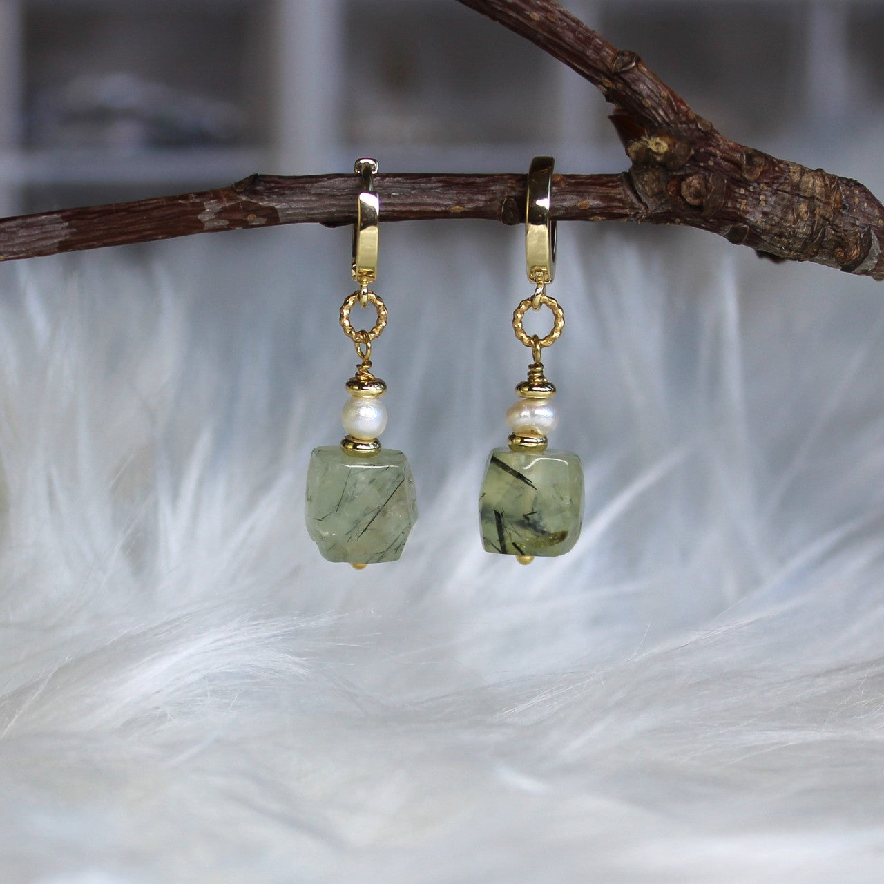 Natural Faceted Prehnite with Freshwater Pearl CZ Stud Dangle Earrings/925 Sterling Silver Needle