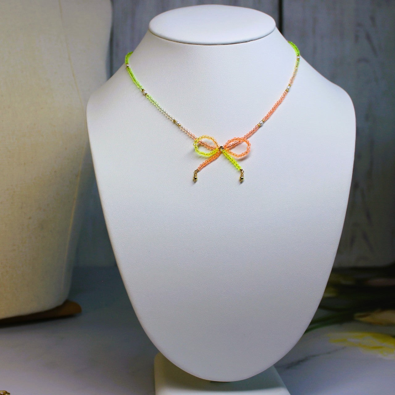 Neon Orange and Yellow Ombre Crystal Bow Freshwater Pearl Beaded Choker Necklace