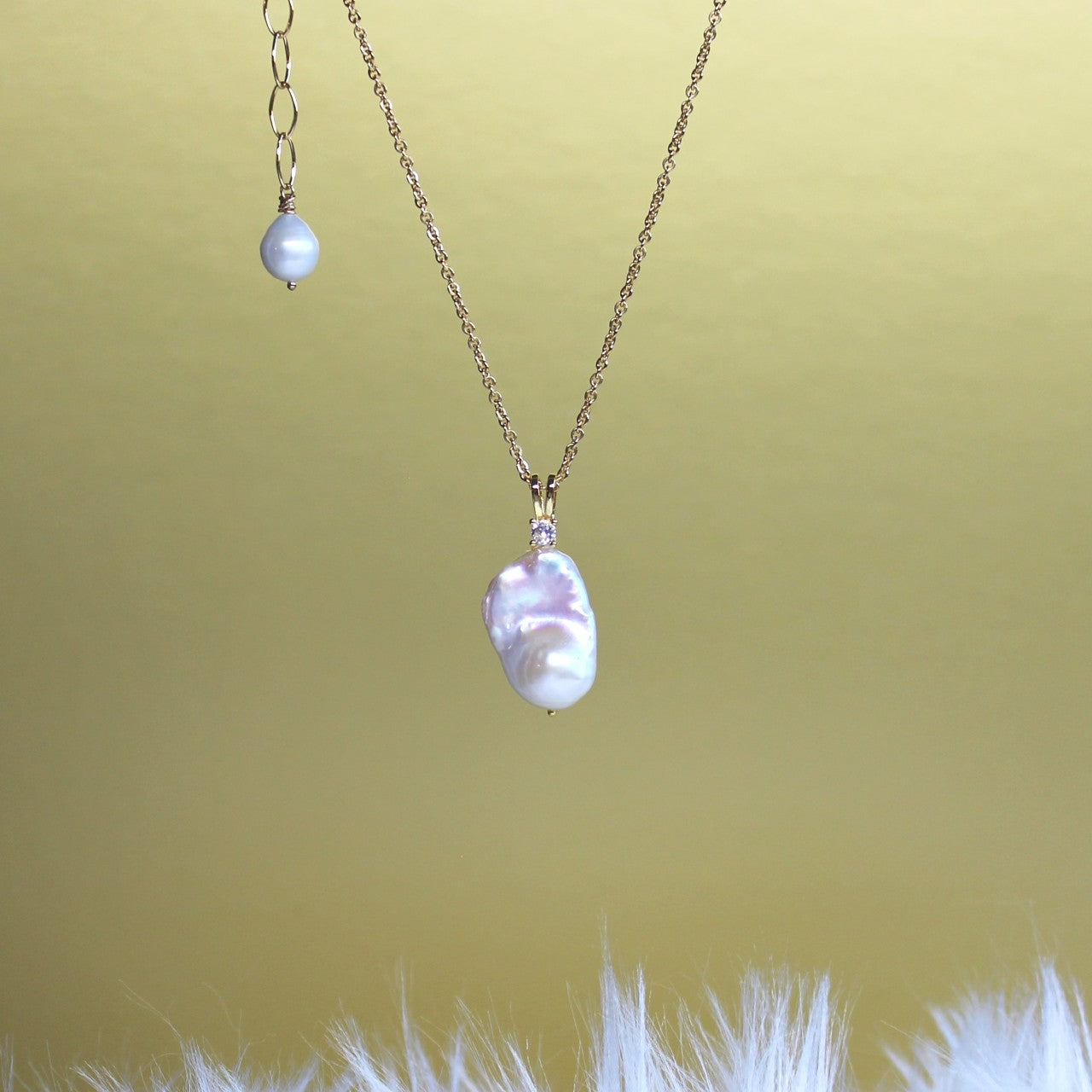 High Luster White Flameball Baroque Pearl Pendant 14K Gold Filled Necklace
