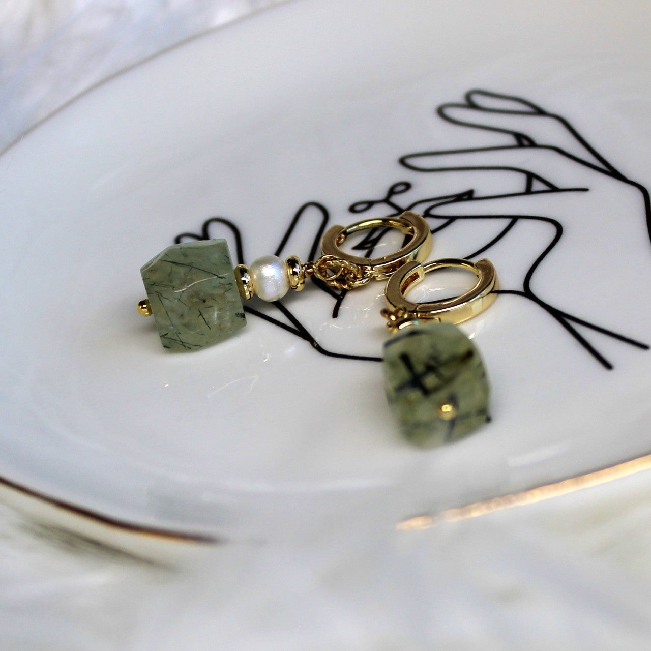 Natural Faceted Prehnite with Freshwater Pearl CZ Stud Dangle Earrings/925 Sterling Silver Needle