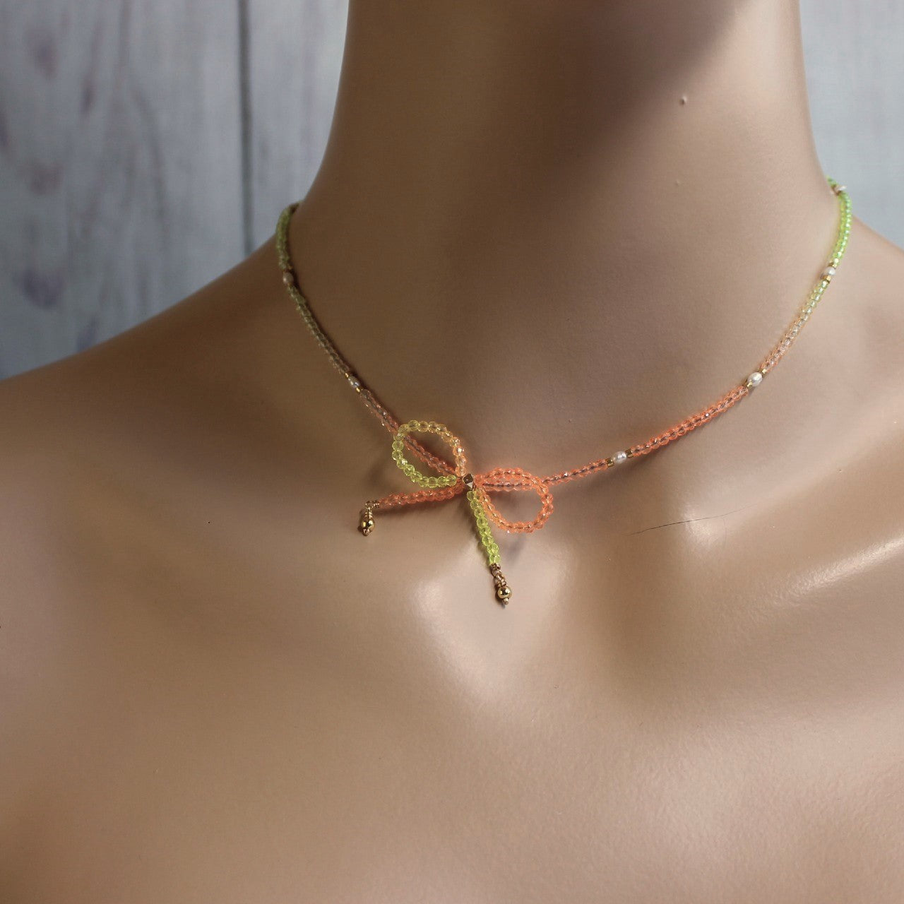 Neon Orange and Yellow Ombre Crystal Bow Freshwater Pearl Beaded Choker Necklace