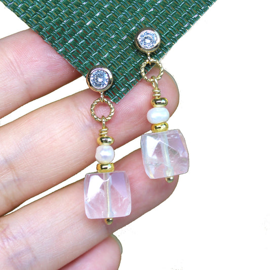 Natural Faceted Clear Quartz with Freshwater Pearl CZ Stud Dangle Earrings/925 Sterling Silver Needle