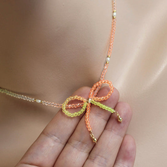 Neon Orange and Yellow Ombre Crystal Bow Freshwater Pearl Beaded Choker Necklace