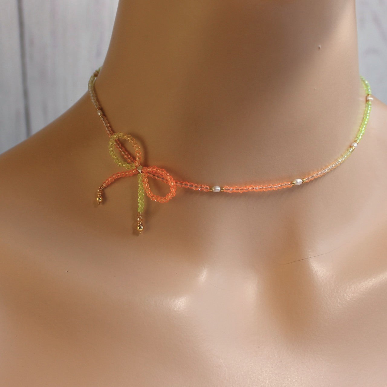 Neon Orange and Yellow Ombre Crystal Bow Freshwater Pearl Beaded Choker Necklace