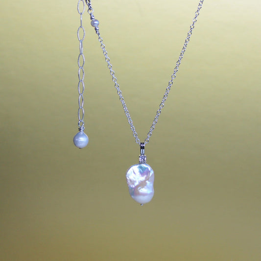 High Luster White Flameball Baroque Pearl Pendant 925 Sterling Silver Necklace