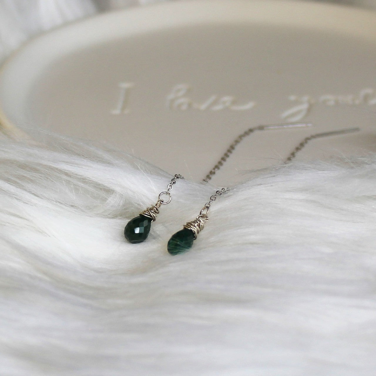 Genuine Corundum Faceted Teardrop Emerald Delicate Threader 925 Sterling Silver Dangle Earrings