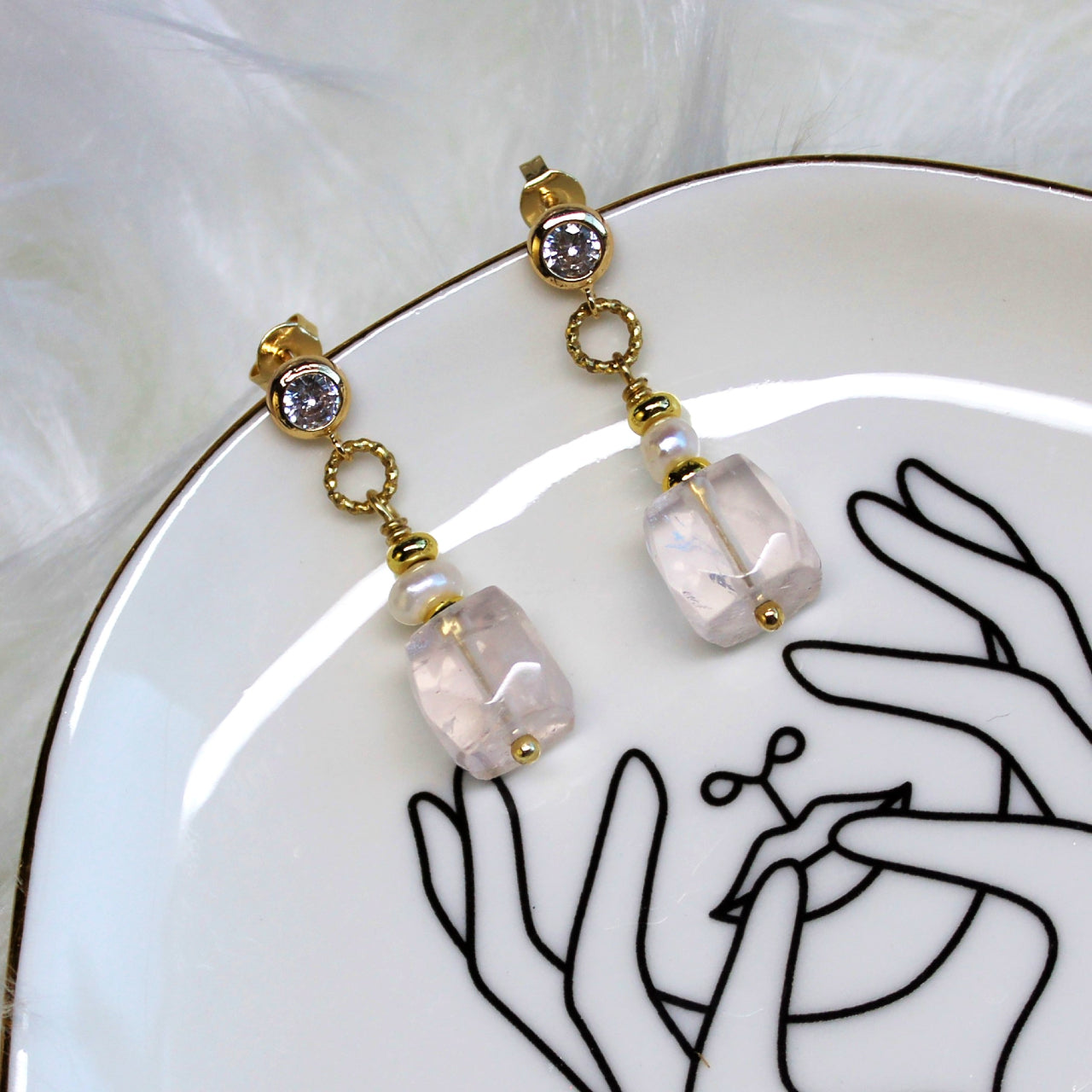 Natural Faceted Clear Quartz with Freshwater Pearl CZ Stud Dangle Earrings/925 Sterling Silver Needle