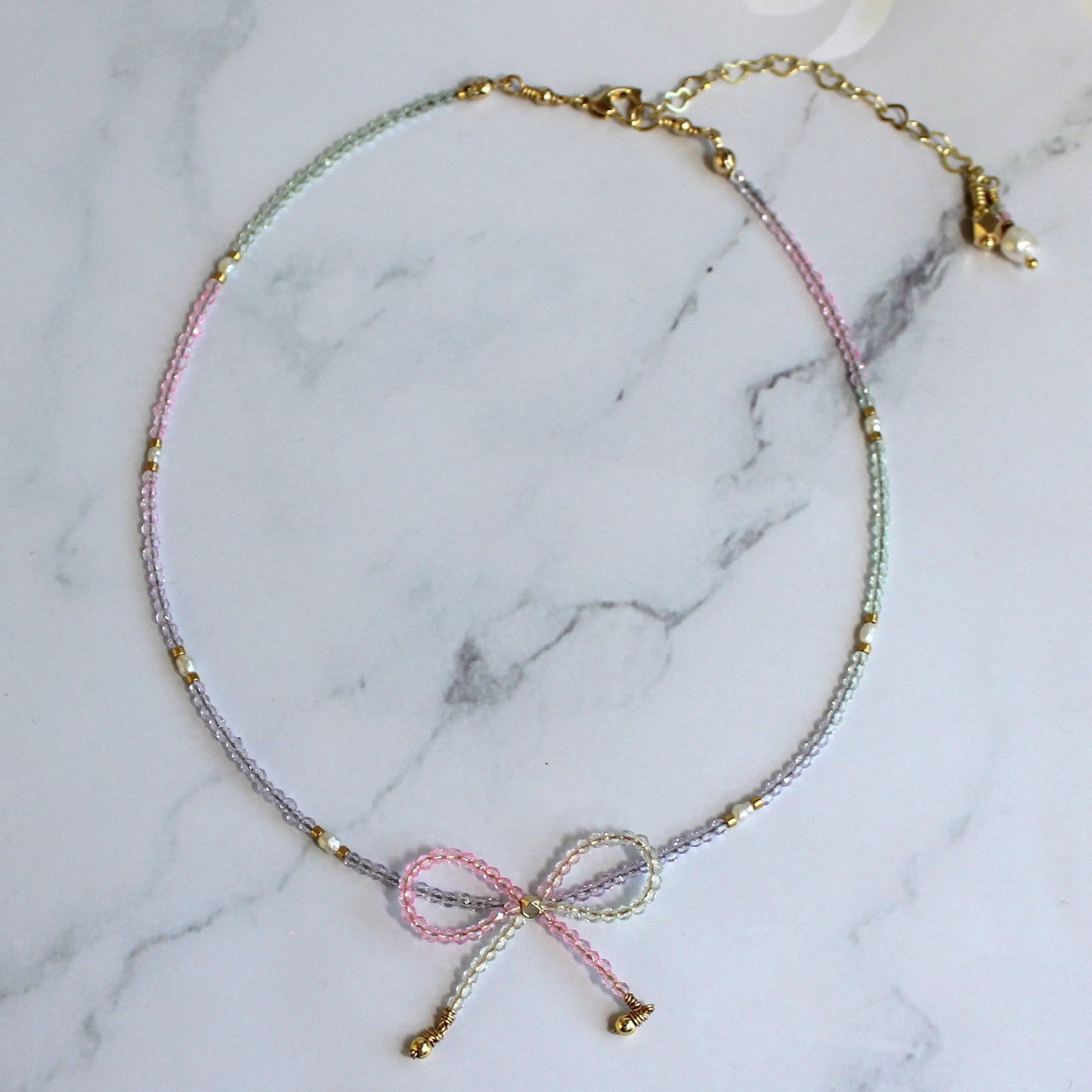 Pink and Purple Ombre Crystal Bow Freshwater Pearl Beaded Choker Necklace