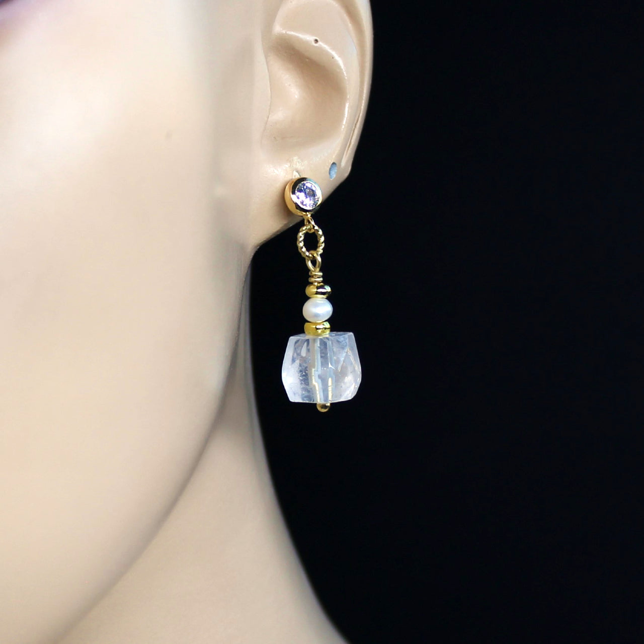Natural Faceted Clear Quartz with Freshwater Pearl CZ Stud Dangle Earrings/925 Sterling Silver Needle
