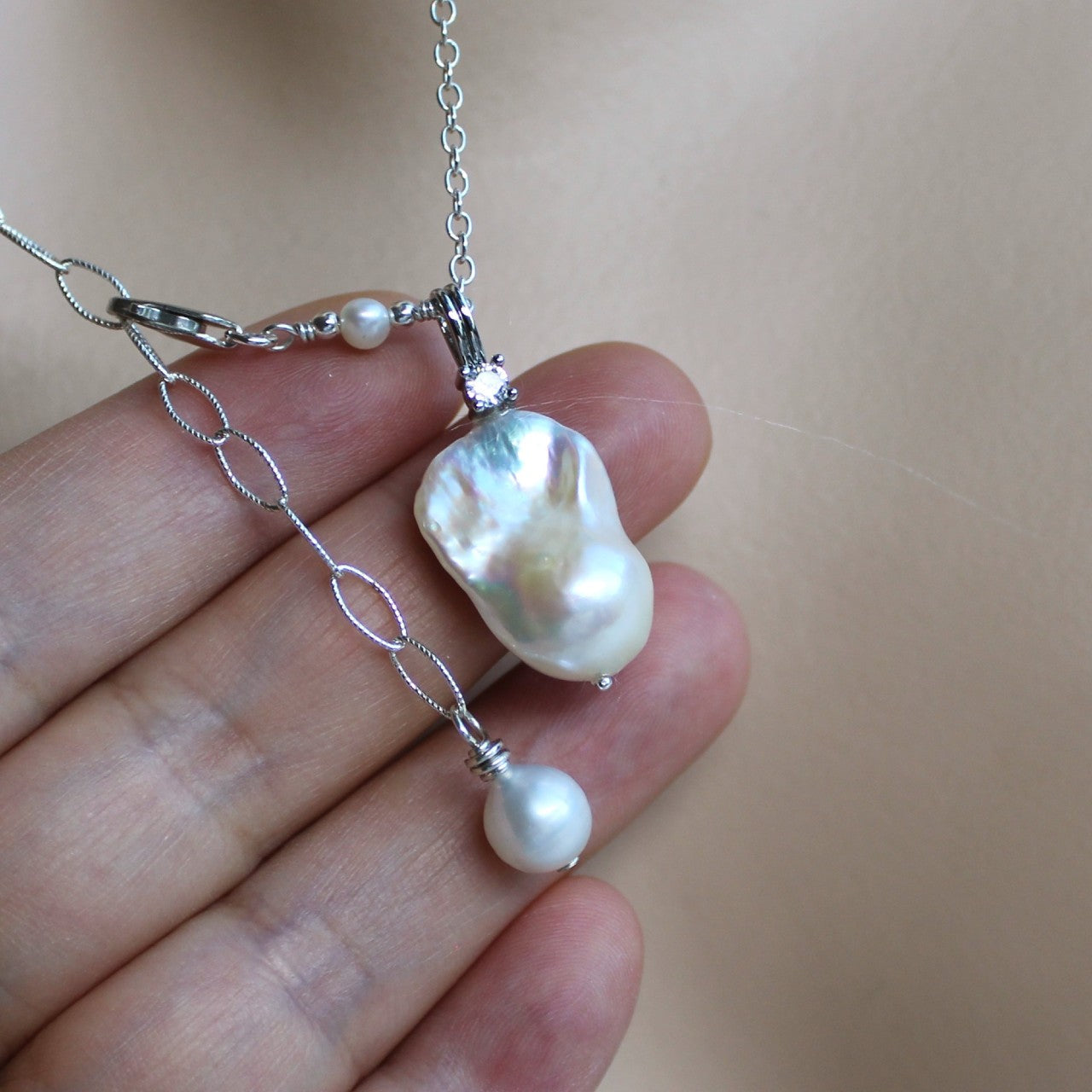 High Luster White Flameball Baroque Pearl Pendant 925 Sterling Silver Necklace