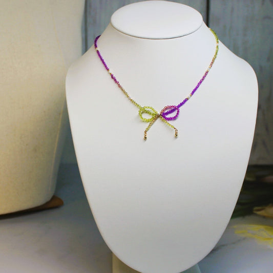 Purple and Green Ombre Crystal Bow Freshwater Pearl Beaded Choker Necklace