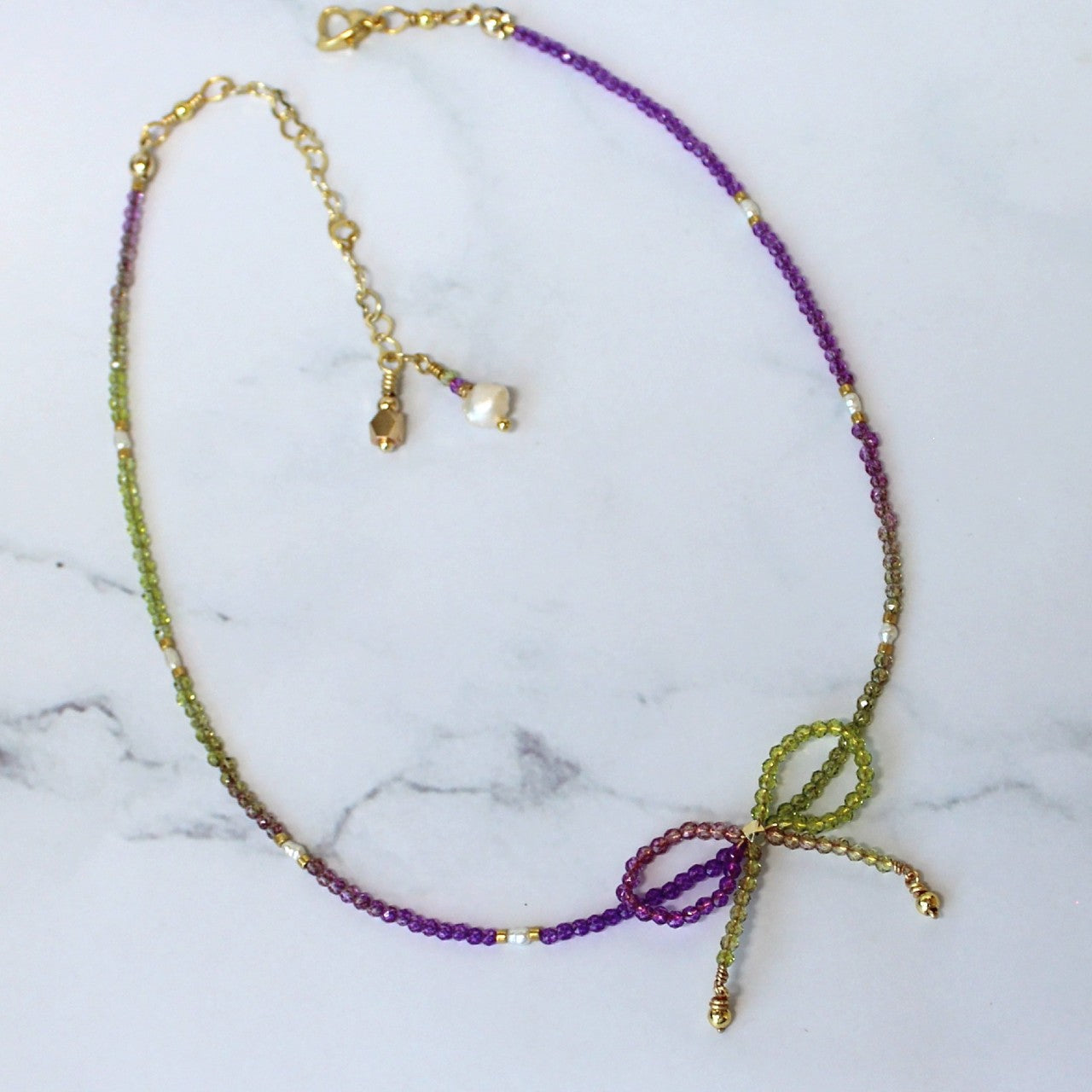 Purple and Green Ombre Crystal Bow Freshwater Pearl Beaded Choker Necklace