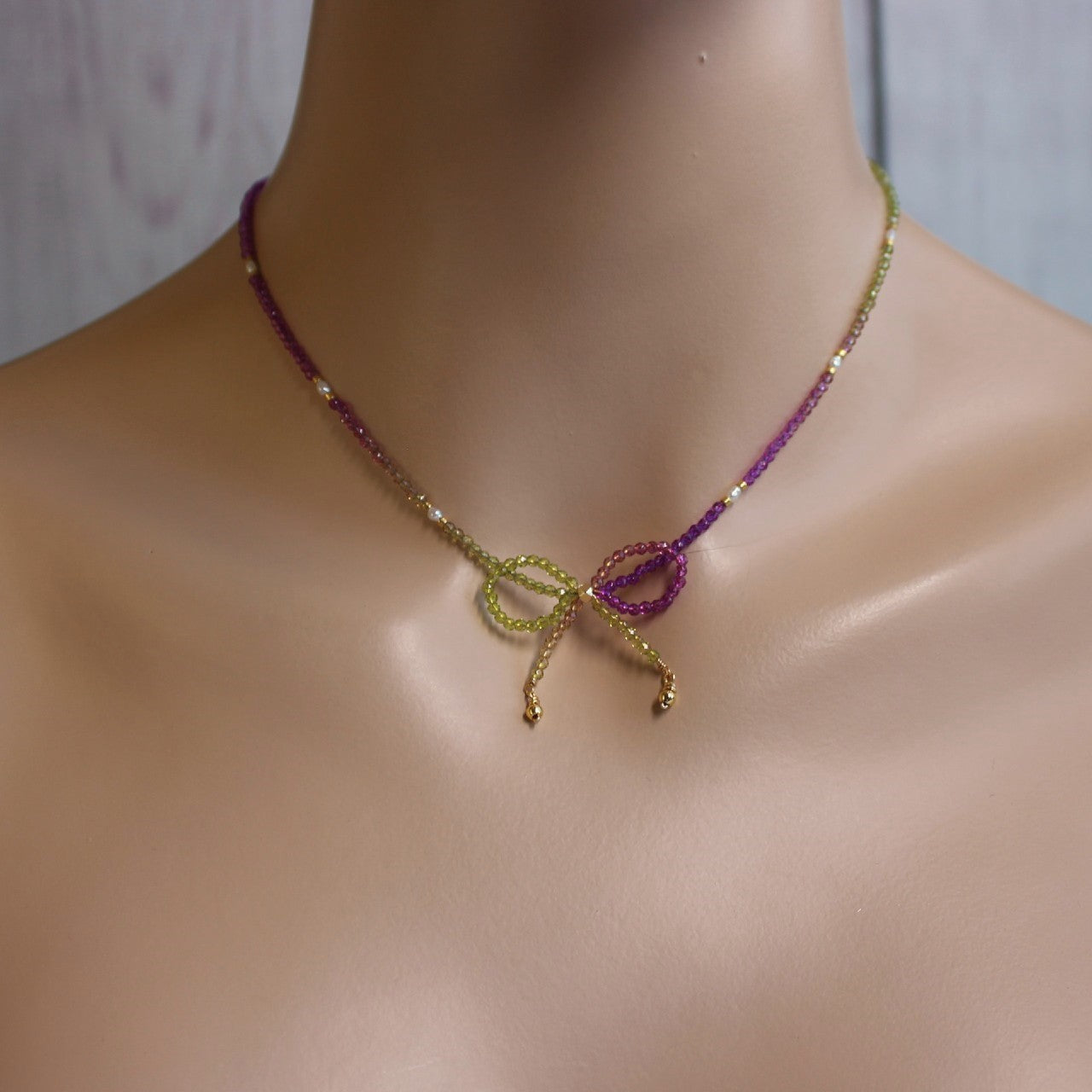 Purple and Green Ombre Crystal Bow Freshwater Pearl Beaded Choker Necklace