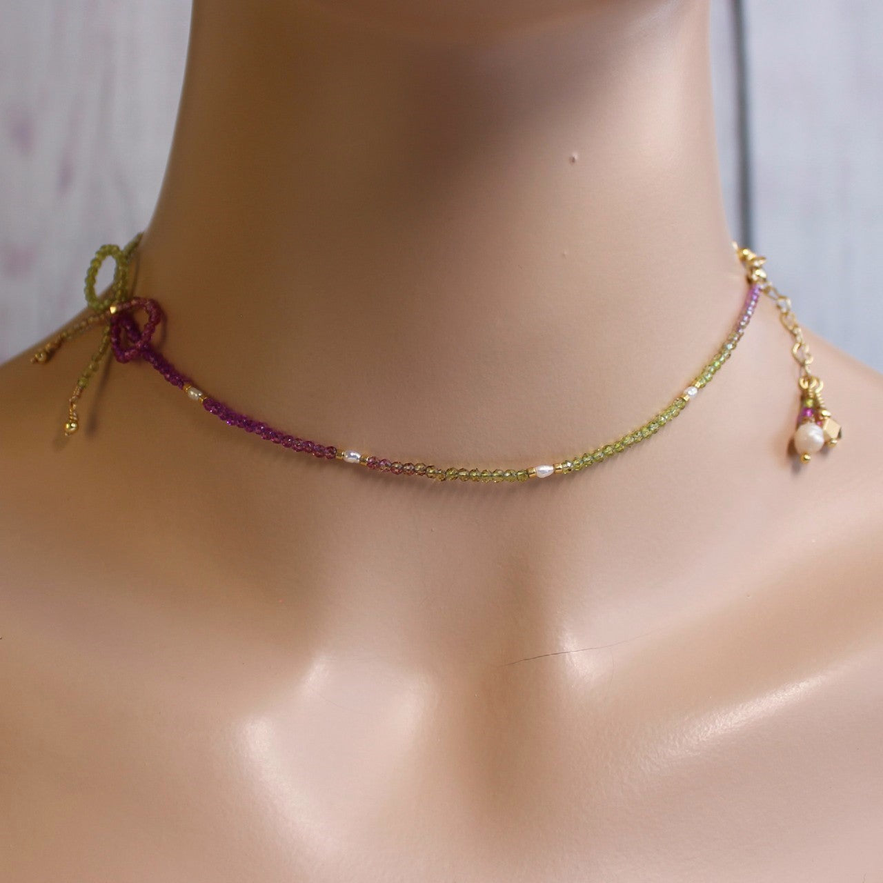 Purple and Green Ombre Crystal Bow Freshwater Pearl Beaded Choker Necklace