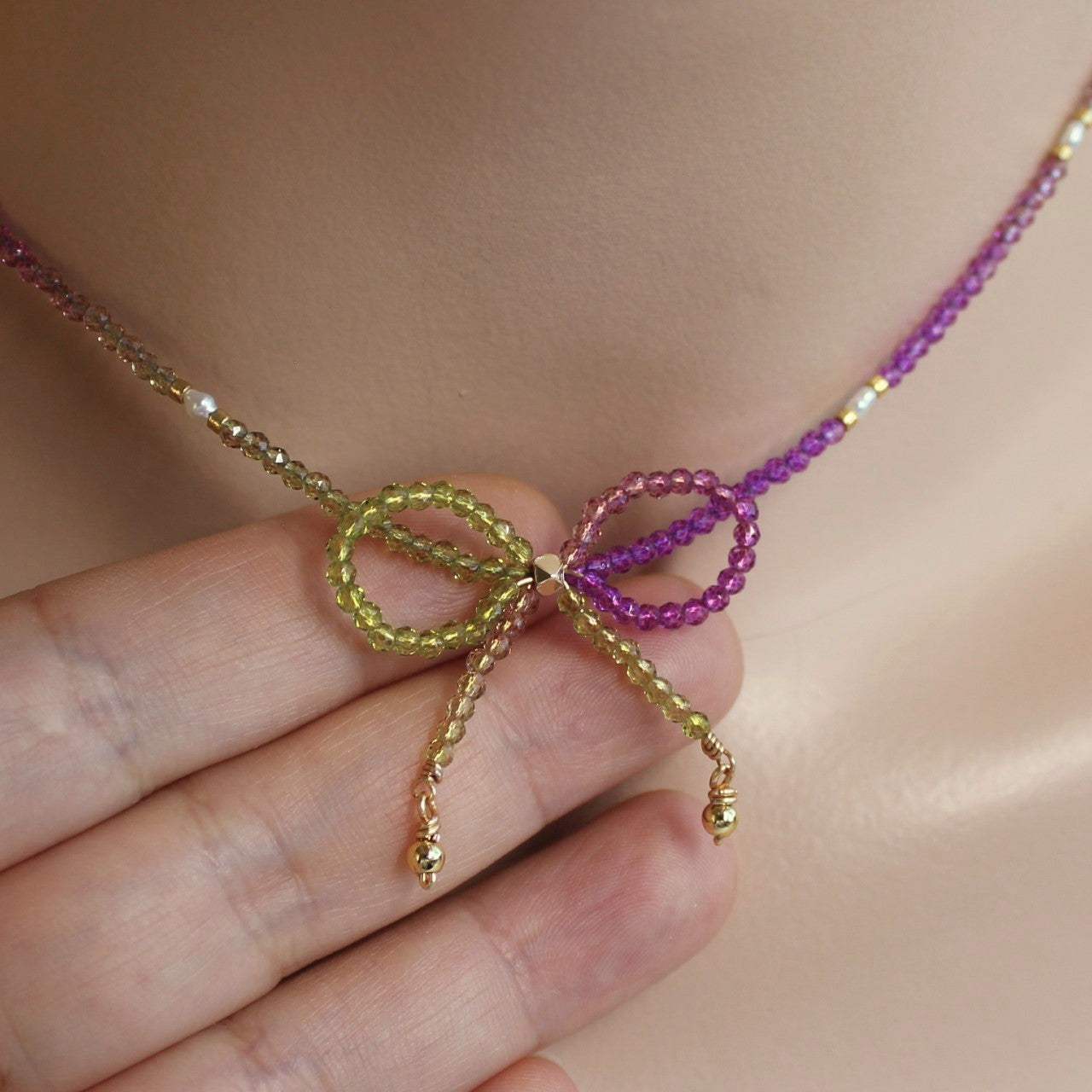 Purple and Green Ombre Crystal Bow Freshwater Pearl Beaded Choker Necklace