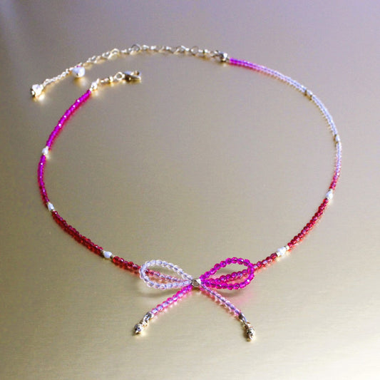 Red and Hot Pink Ombre Crystal Bow Freshwater Pearl Beaded Choker Necklace