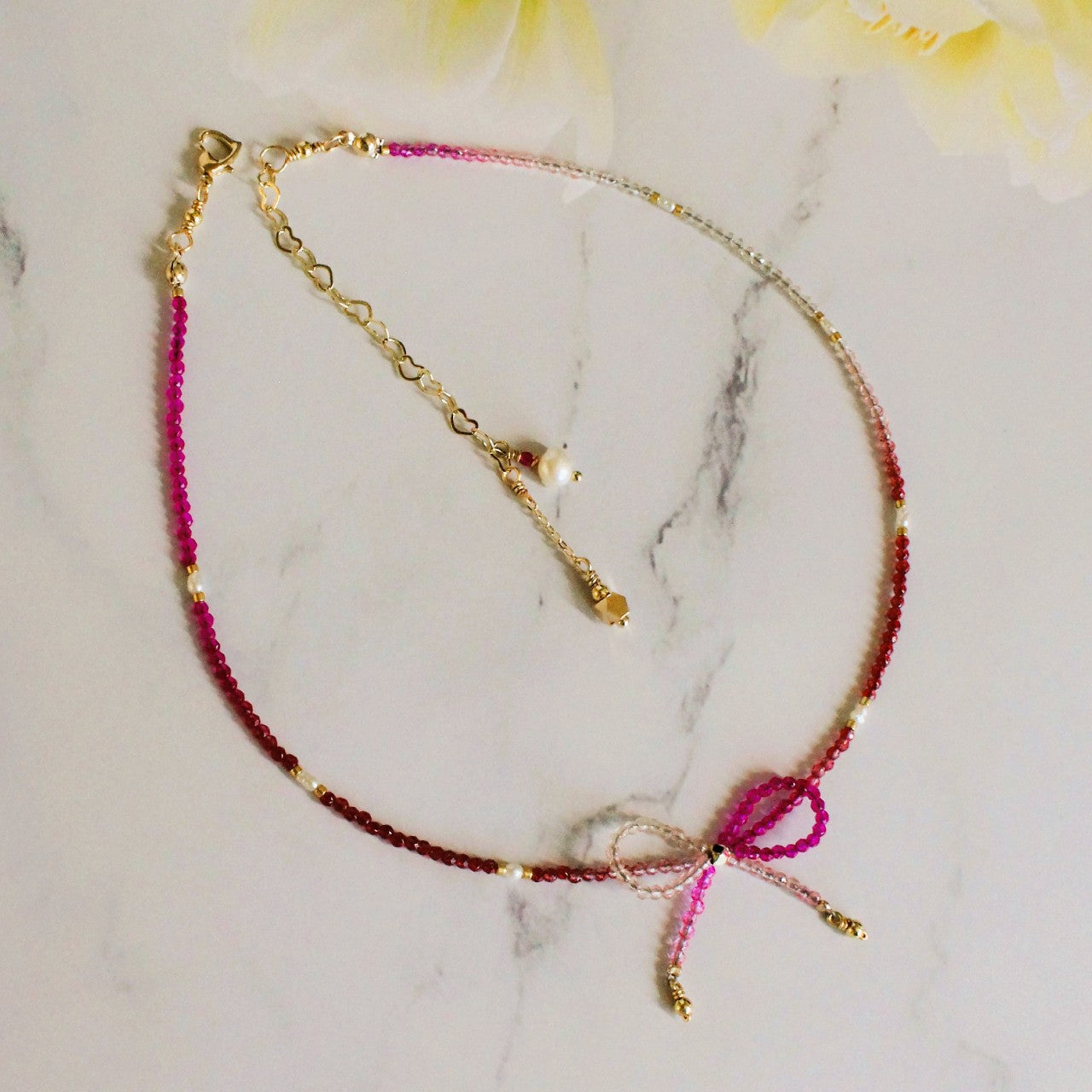 Red and Hot Pink Ombre Crystal Bow Freshwater Pearl Beaded Choker Necklace
