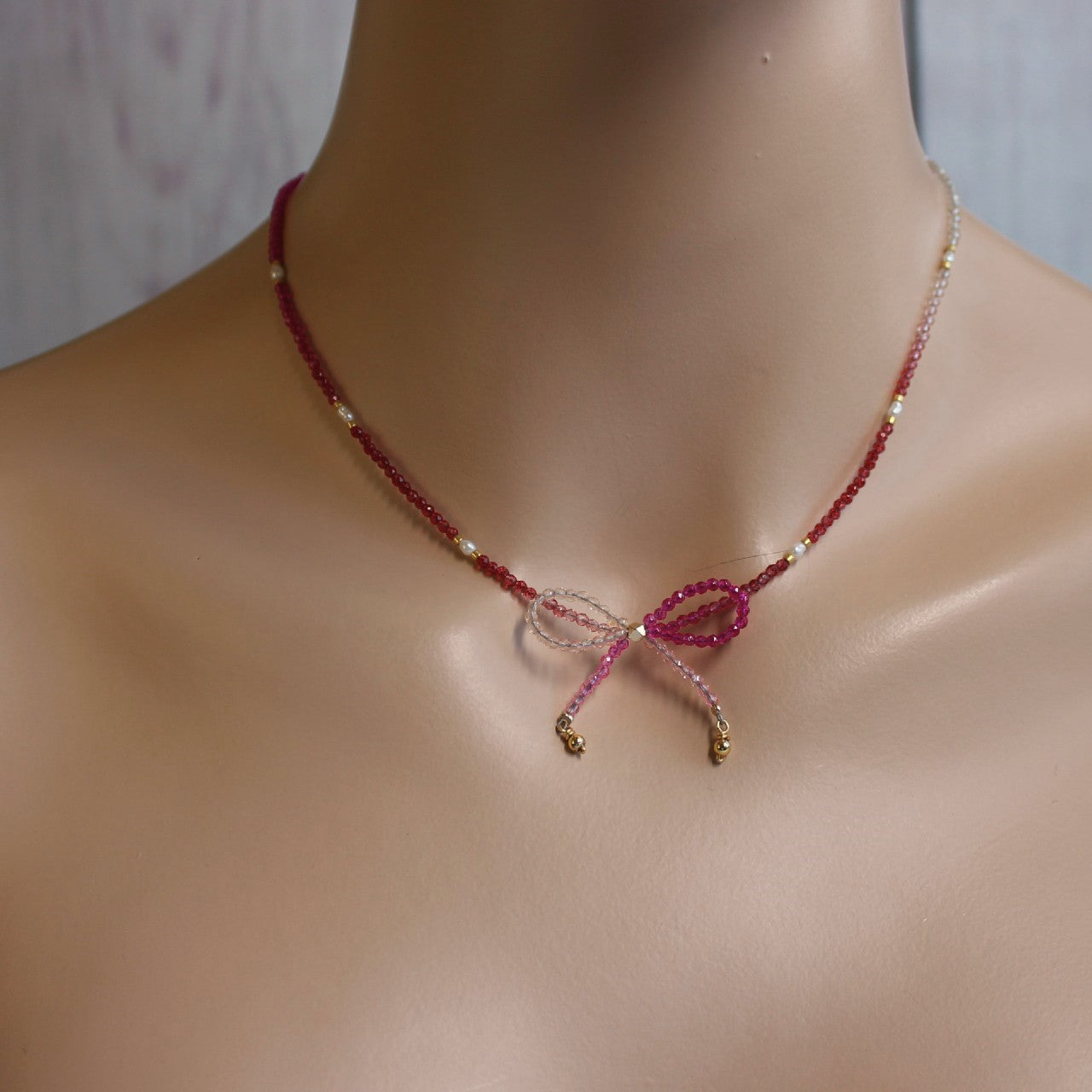 Red and Hot Pink Ombre Crystal Bow Freshwater Pearl Beaded Choker Necklace