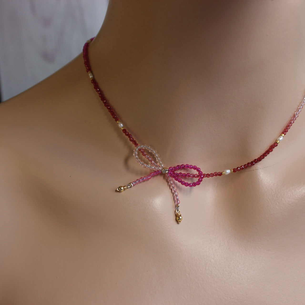 Red and Hot Pink Ombre Crystal Bow Freshwater Pearl Beaded Choker Necklace